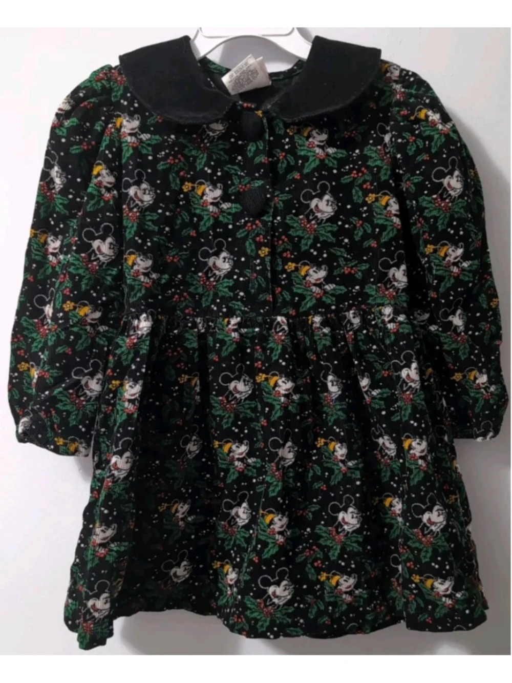 Vintage 90s Disney Christmas Dress Toddler Girl Black Corduroy Mickey Minnie 4